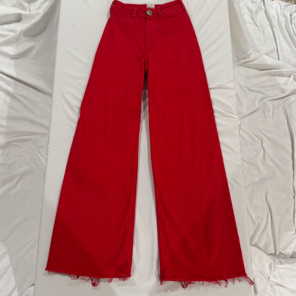Maeve Anthropologie Red Wide Leg Cropped Pants Raw Hem‎ Size 23T